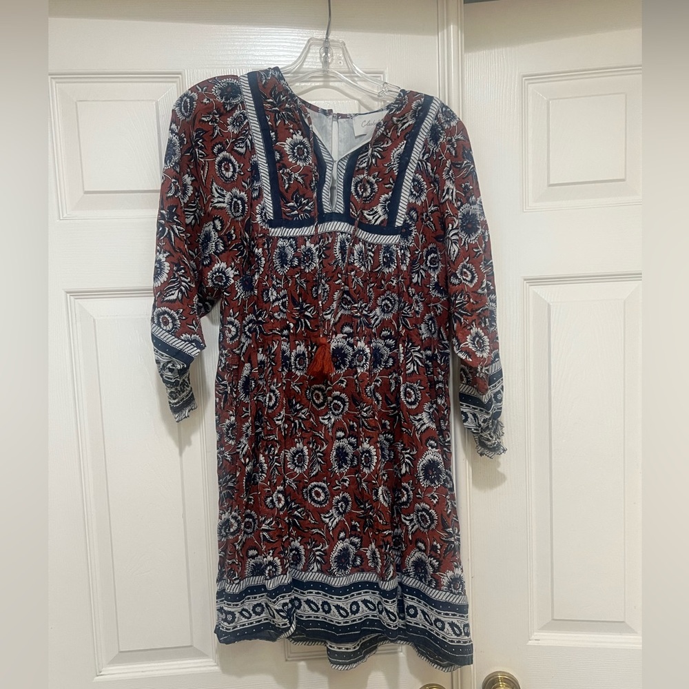 Cleobella Maggie Sienna Block Print floral bohemian babydoll mini dress medium
